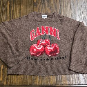 Ganni Brown Sweater with Red Cherry Motif